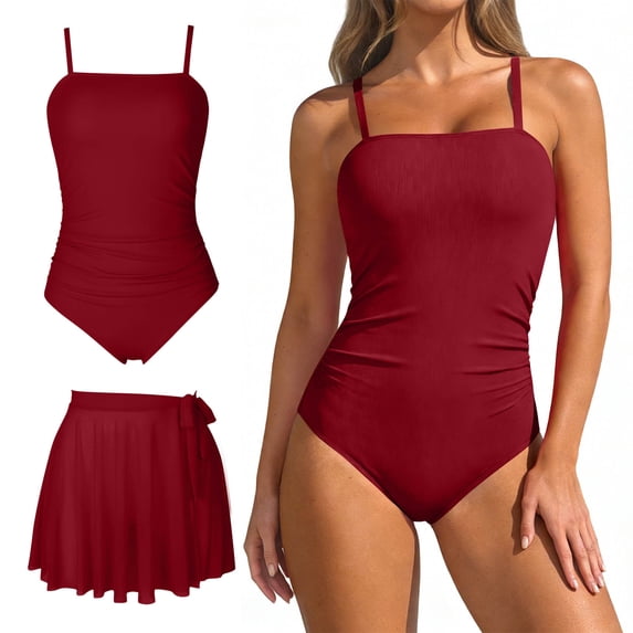 Stamzod Bathing Suit for Women 2026 One Piece Swimsuit with Skirt Tummy Control Swimming Suits Red L