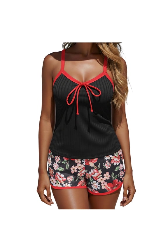 Bathing Suit for Women Tankini Top with Swim Shorts Two Piece Plus Size Swimsuit Summer Ribbed Modest Swimsuits for Women Red XXL