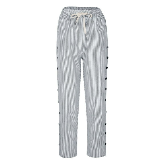 Stamzod Beach Pants for Women Strip Printed Cotton and Linen Straight Sweatpants Casual Loose Elastic Waist Trousers Pants for Women with Pocket White B XXL