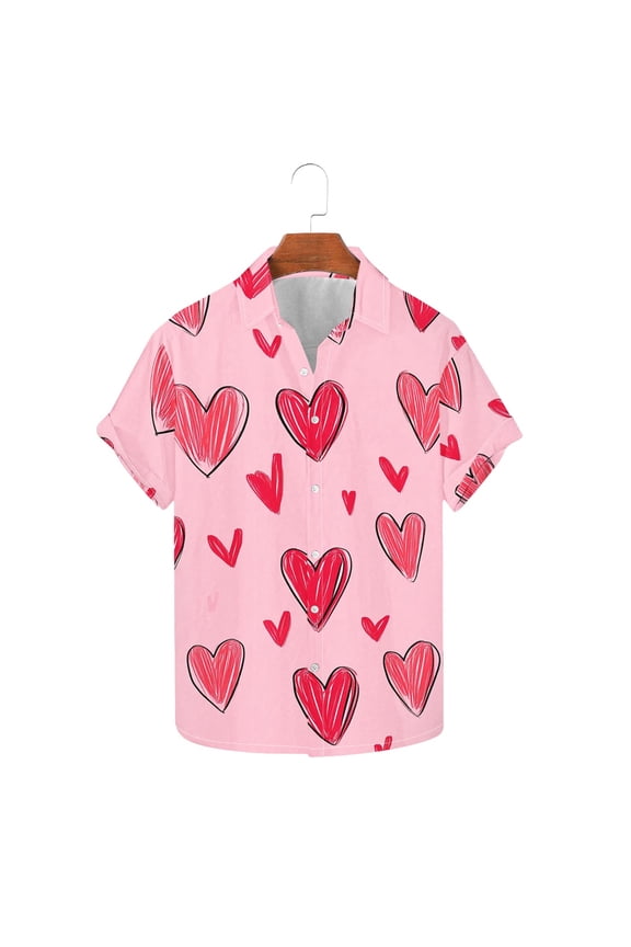 Beach Shirts For Men 2026 Summer Lover Heart Hawaiian Button Up Shirt Men Valentines Plus Size Clothes Pink XL
