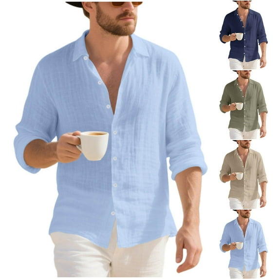 Stamzod Beach Shirts for Men Solid Color Long Sleeve Flax Button Down Shirt Casual Mens Vacation Shirts Navy-3 XL