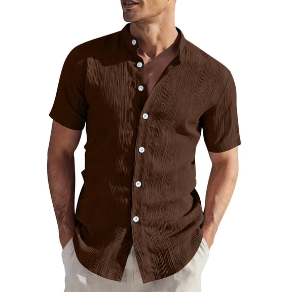 Stamzod Beach Shirts for Men Summer Stand Collar Button Up Shirt Men Solid Color Short Sleeve Hawaiian Shirts Vacation Outfits Brown M
