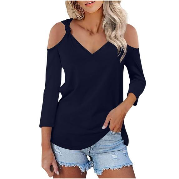 Stamzod Beach Vacation Clothes for Women Fashion Solid Color V Neck Cold Shoulder Summer Tops Loungewear Casual 3/4 Length Sleeve Womens Tops Navy B M