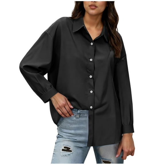Stamzod Black Button Up Shirt Women Business Casual Long Sleeve Tops Officewear Loose Work Dress Shirts for Women Black M