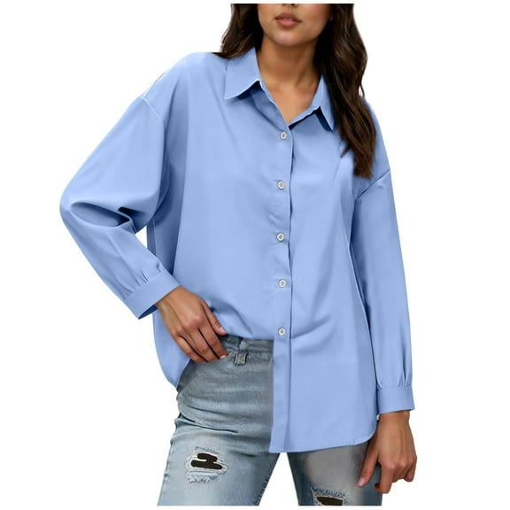 Stamzod Black Button Up Shirt Women Business Casual Long Sleeve Tops Officewear Loose Work Dress Shirts for Women Light Blue S