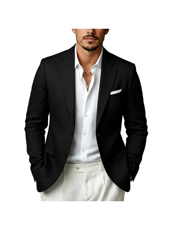 Blazer for Men 2026 Dressy Casual Lapel Long Sleeve Sport Coat Casual Stylish 2 Button Wedding Suit Jacket Black XXS