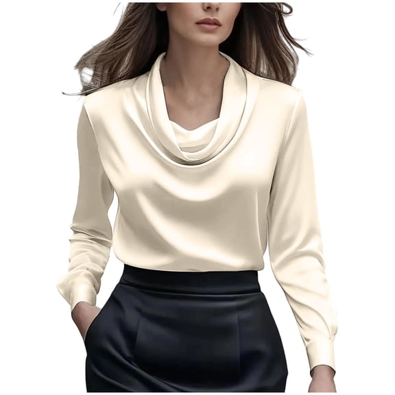 Stamzod Blouses for Women Dressy Casual Cowl Neck Satin Top Solid Color Long Sleeve Work Shirts for Women Beige B S