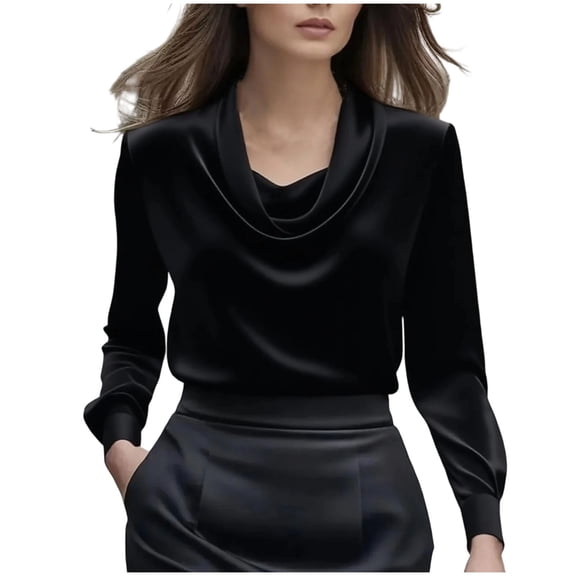 Stamzod Blouses for Women Dressy Casual Cowl Neck Satin Top Solid Color Long Sleeve Work Shirts for Women Black B M