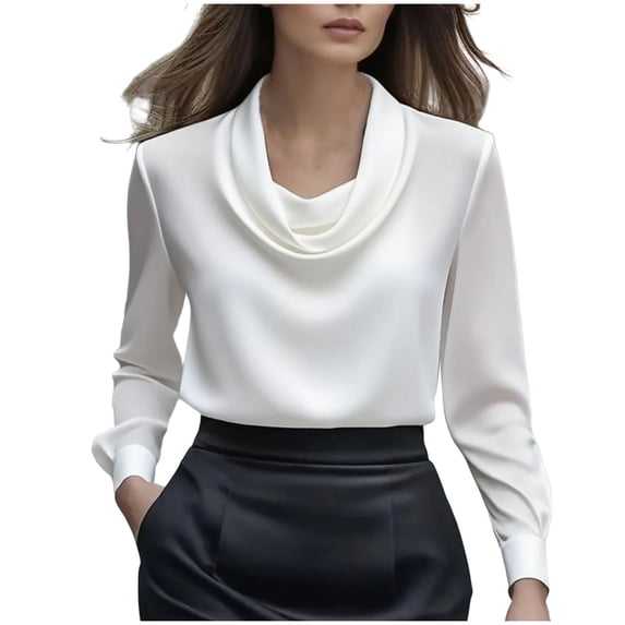 Stamzod Blouses for Women Dressy Casual Cowl Neck Satin Top Solid Color Long Sleeve Work Shirts for Women White B M