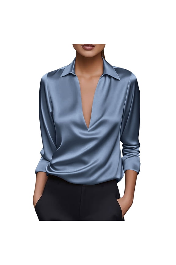 Blouses for Women Dressy Casual Long Sleeve Work Tops Solid Color V Neck Plus Size Shirts for Women Navy XXXL
