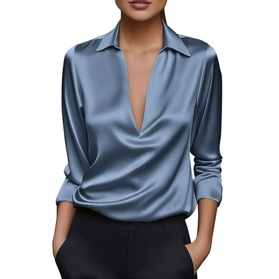Stamzod Blouses for Women Dressy Casual Long Sleeve Work Tops Solid Color V Neck Plus Size Shirts for Women Navy XXXL