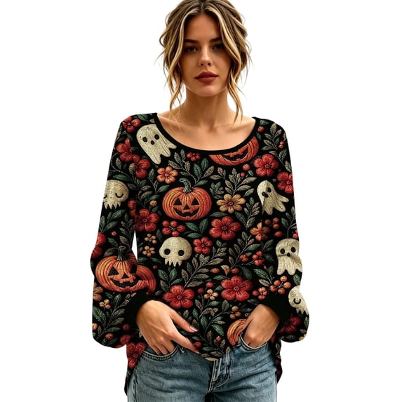 Stamzod Blouses for Women Fall Fashion Halloween Printed Long Sleeve Tops Dressy Casual Shirts