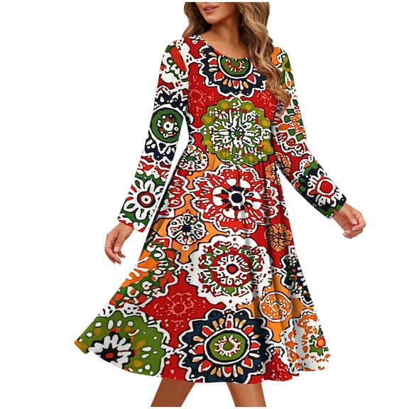 Stamzod Boho Dresses for Women 2026 Fashion Vintage Casual Long Sleeve Midi Dress Vacation Beach Summer Dresses for Women Red D S