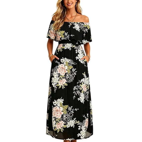 Stamzod Boho Dresses for Women Summer Short Sleeve Off Shoulder Ruffle Maxi Dress Floral Wedding Guest Dresses with Pocket Black-3 XL