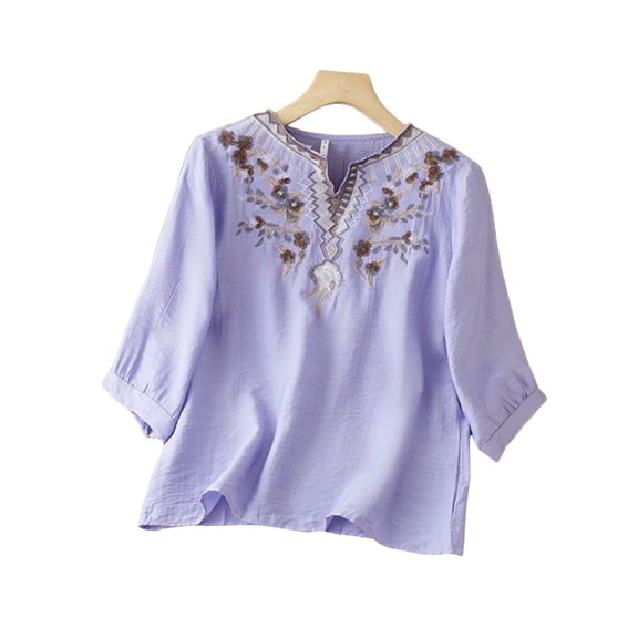 Stamzod Boho Tops for Women 2026 Fashion Embroidered Summer V-Neck Pullover Top Loose Casual Elbow-Length Sleeve Blouses for Women Purple M