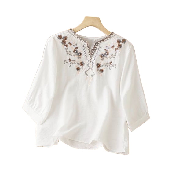 Stamzod Boho Tops for Women 2026 Fashion Embroidered Summer V-Neck Pullover Top Loose Casual Elbow-Length Sleeve Blouses for Women White M
