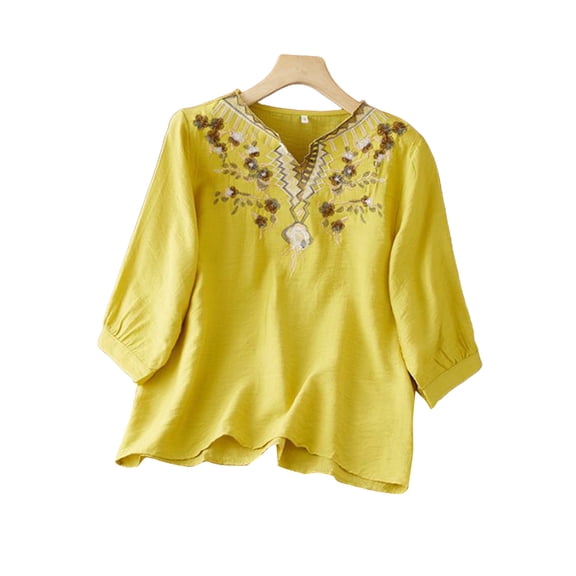 Stamzod Boho Tops for Women 2026 Fashion Embroidered Summer V-Neck Pullover Top Loose Casual Elbow-Length Sleeve Blouses for Women Yellow XXXL