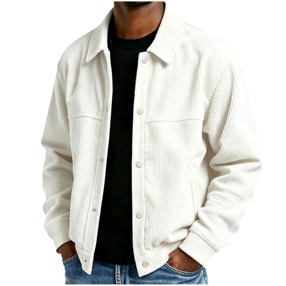 Stamzod Bomber Jacket Men Fall Fashion Long Sleeve Button Down Corduroy Coat Loose Casual Work Jackets with Pockets White C L