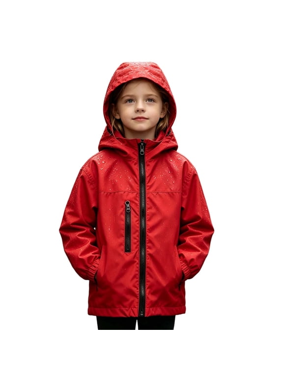 Boys Girls Fashion Waterproof Rain Jacket Long Sleeve Hooded Raincoat with Pockets Lightweight Kids Rain Coat