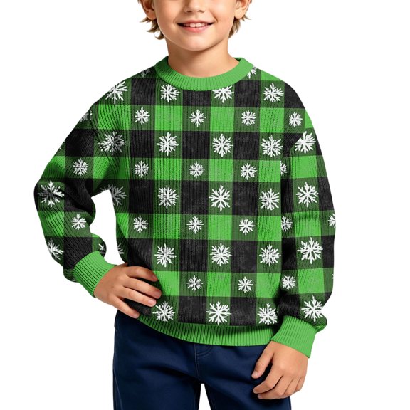 Stamzod Boys Sweater Fashion Plaid Printed Long Sleeve Knit Sweaters Crew Neck Christmas Sweater for Boys Winter Clothes