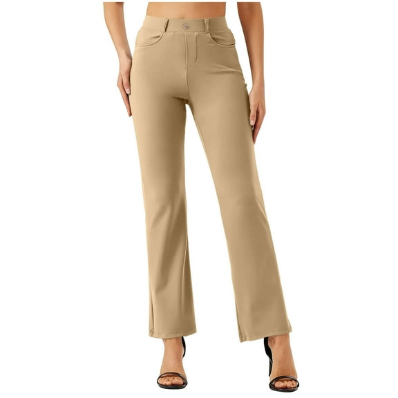 Stamzod Business Casual Pants for Women Summer Solid Color Straight Leg Work Pants Officewear Casual Loose Fit Trousers Pants for Women Khaki M