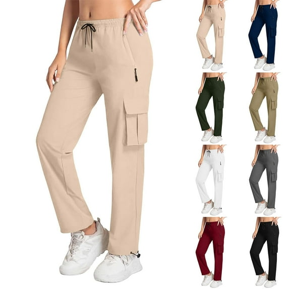 Stamzod Women's Clothing Solid Color Waterproof Travel Pants Women Lightweight Hiking Cargo Pants with Zipper Pocket Beige B L