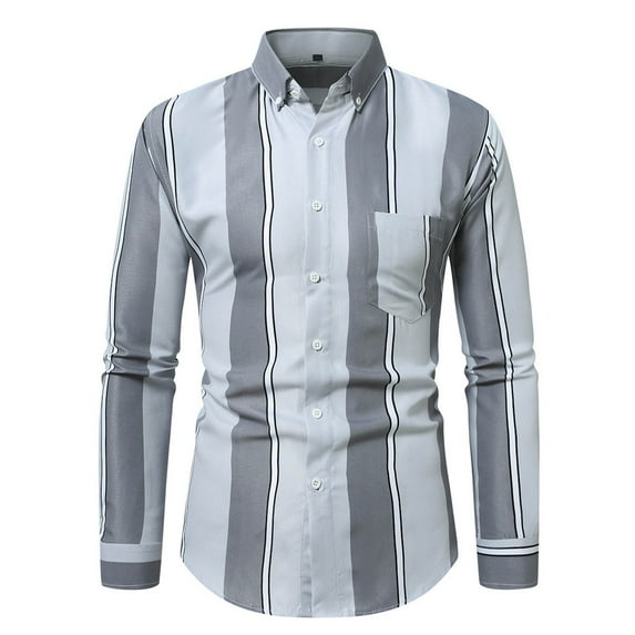 Stamzod Business Casual Shirts for Men Fashion Strip Printing Turndown Long Sleeve Work Shirts for Men Plus Size Button Up Shirt with Pocket Gray XXXXL