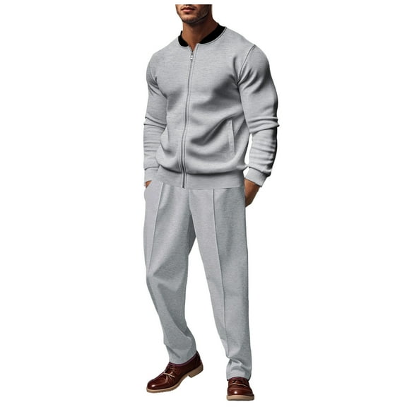 Stamzod Business Casual Sweat Suits Men Outfits Solid Color Long Sleeve Zipper Up Jackets and Pants Plus Size Track Suit 2 Piece Set for Men Gray XL