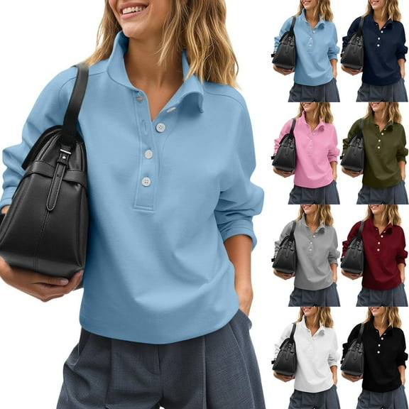 Stamzod Business Casual Sweatshirt for Women Solid Color Turndown Button Pullover Tops Long Sleeve Sport Work Sweatshirts Women's Clothing Dark Blue XXL
