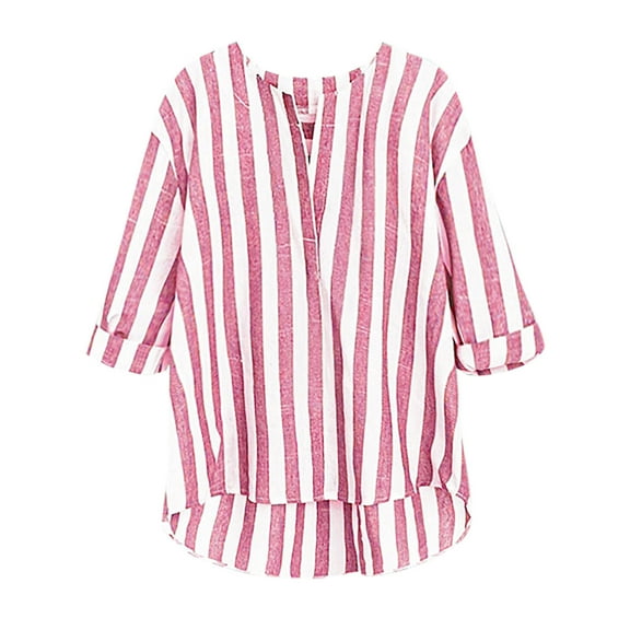 Stamzod Business Casual Tops for Women Fashion Strip Printed 3/4 Length Sleeve Button Down Shirt Summer Crewneck Blouses for Women Pink XXL