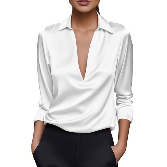 Stamzod Business Casual Tops for Women Solid Color Long Sleeve Dress Shirts Office V Neck Work Plus Size Blouses for Women White L