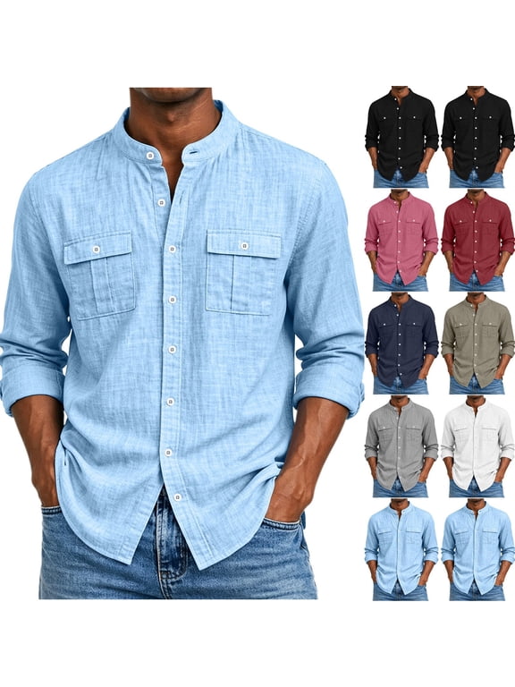 Button Down Shirt Men Long Sleeve Cotton Linen Beach Shirts 2026 Casual Henley Dress Shirt with Pocket Pink L