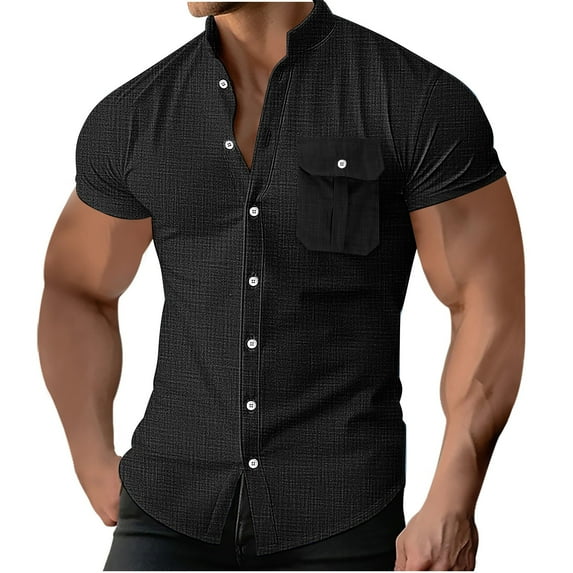 Stamzod Button Down Shirt Men Summer Solid Color Short Sleeve Shirts Casual Slim Fit Plus Size Stand Collar Tops with Pocket on Clearance Black XXXL