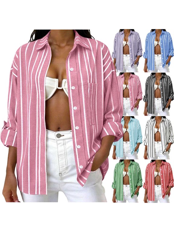 Button Down Shirts for Women Casual Vacation Striped Shirt Women Fall Fashion Long Leeve Shacket