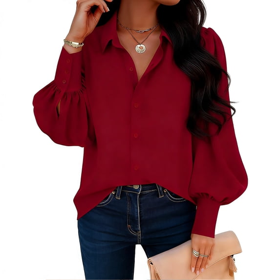 Stamzod Button Down Shirts for Women Solid Color Long Sleeve Work Tops Puff Sleeve Blouses for Women Dressy Casual Summer Spring Officewear Red-1 XL