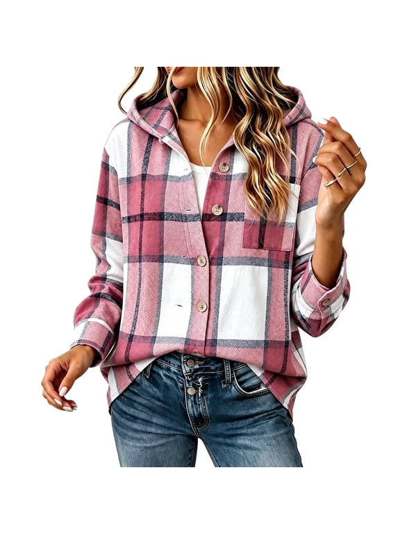 Button Down Shirts for Women with Hood Fall Fashion Long Sleeve Plaid Flannel Shirt Women's Clothing