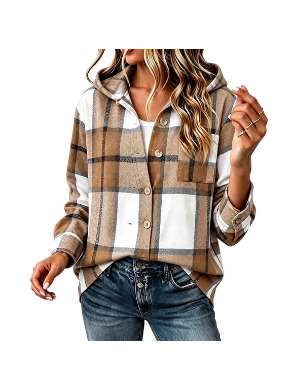 Button Down Shirts for Women with Hood Fall Fashion Long Sleeve Plaid Flannel Shirt Women's Clothing