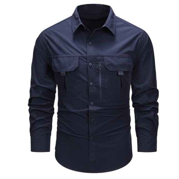 Stamzod Button Down Shirt Men Cotton Shirts Fashion Vintage Solid Color Long Sleeve Work Shirts for Men Loungewear Casual Loose Workout Cargo Shirts with Pocket Dark Blue B XXXXL