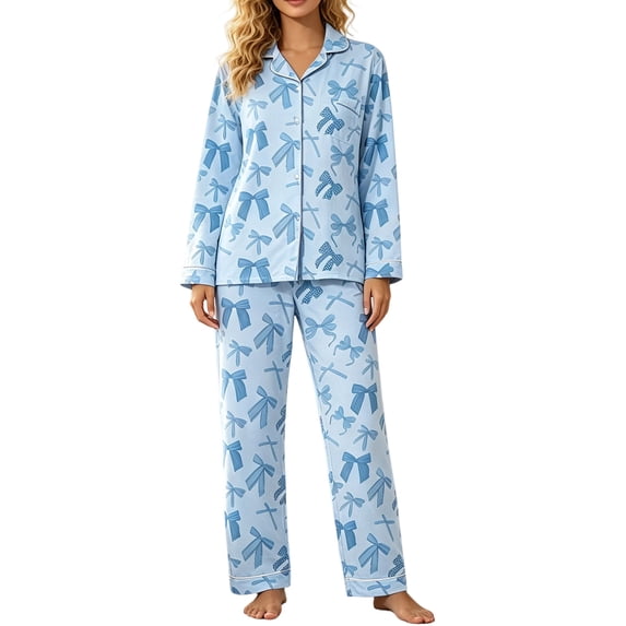 Stamzod Button Up Pajamas for Women Fall Fashion Cute Bow-Printed Long Sleeve Shirt Pants Lounge Set Women's Pajama Sets