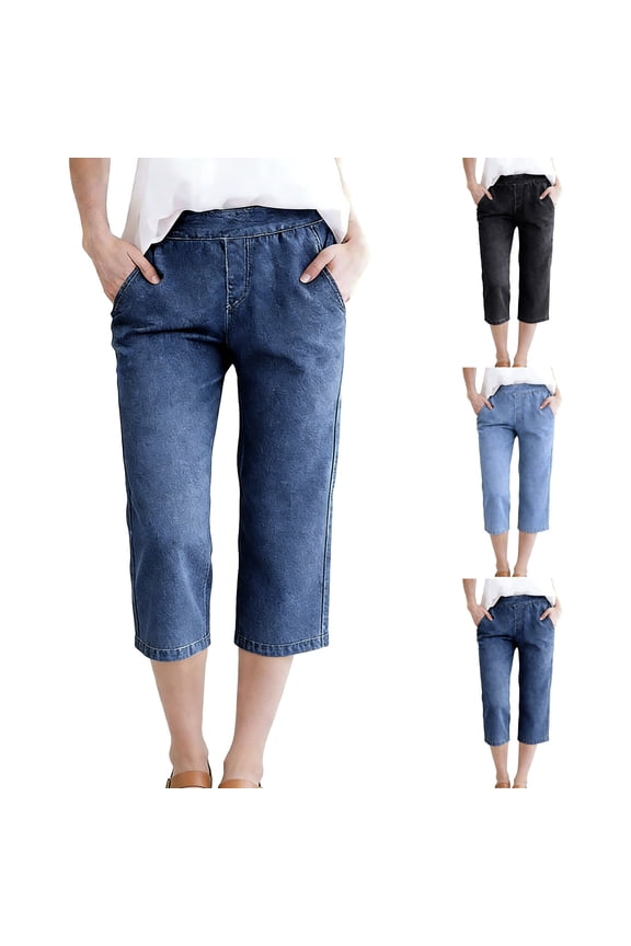 Capri Jeans for Women High Waisted Straight Leg Strechy Cropped Denim Jeans Pants with Pockets Blue B XL