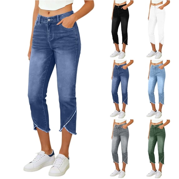 Stamzod Capri Jeans for Women Pull On Stretchy Cross Denim Capri Pants 2026 Summer Cropped Pants with Pockets White XL