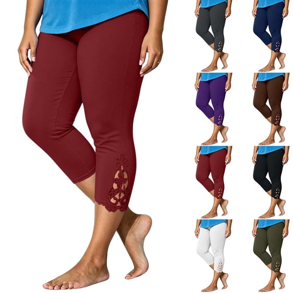 Stamzod Capri Leggings for Women Plus Size Fashion Lace Hollow Out Yoga Pants High Waisted Pull On Capris