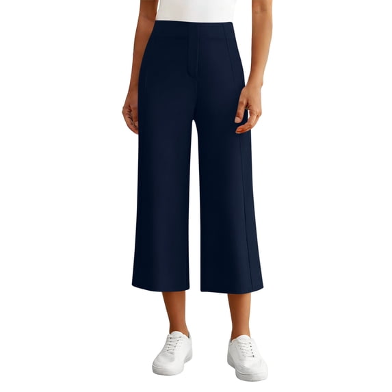 Stamzod Capri Pants For Women High Waisted Cropped Yoga Pants Dressy Casual Wide-Leg Trousers With Pocket Blue XXL