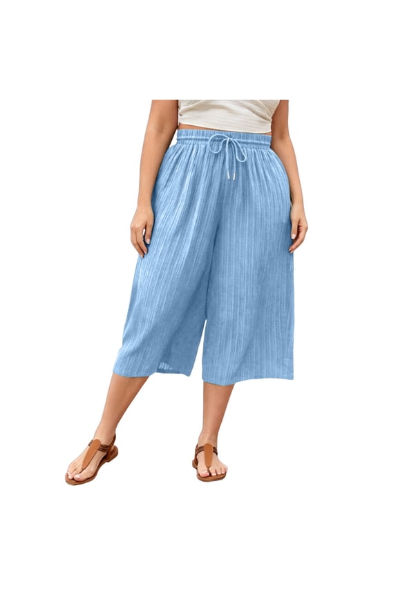 Capri Pants for Women Plus Size Casual Wide Leg Capris Summer Flowy Palazzo Cropped Pants Beach Vacation Clothes Sky Blue XXXL
