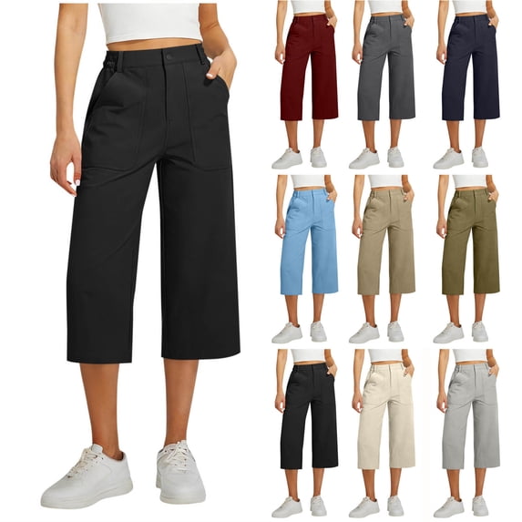 Stamzod Capri Pants for Women Straight Wide Leg Casual Dress Capris Summer Cropped Work Pants with Pockets Black XL