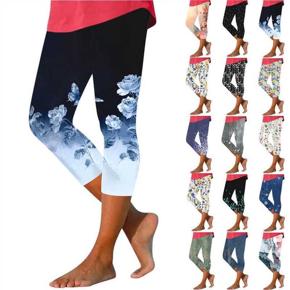 Stamzod Capri Pants for Women Summer Slim Fit Stretchy Capri Leggings Printing High Waisted Yoga Pants Gym Running Multicolor-8 XXXL