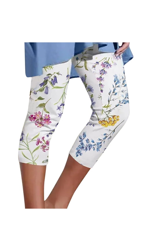 Capris Pants for Women Summer Floral Printing High Waisted Cropped Pants Casual Slim Fit Yoga Leggings for Women White B M