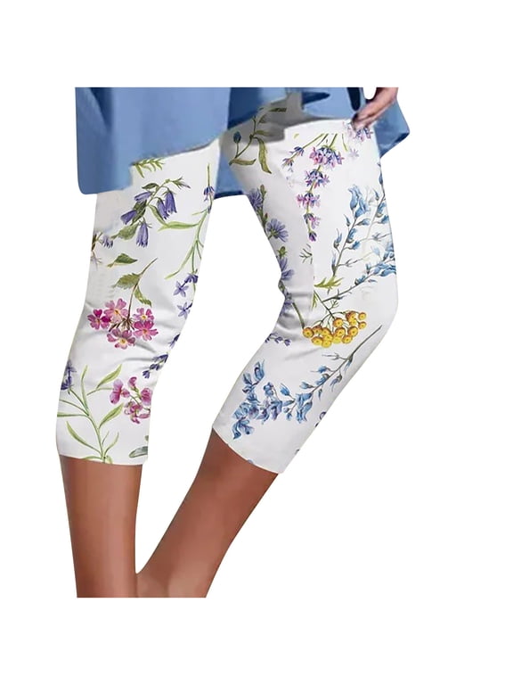 Capris Pants for Women Summer Floral Printing High Waisted Cropped Pants Casual Slim Fit Yoga Leggings for Women White B M