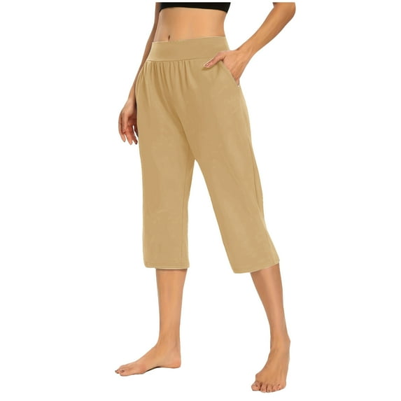 Stamzod Capris for Women with Pockets Summer Solid Color Stretch Waist Straight Cropped Pants Casual Loose Plus Size Sweatpants with Pocket Khaki B XL