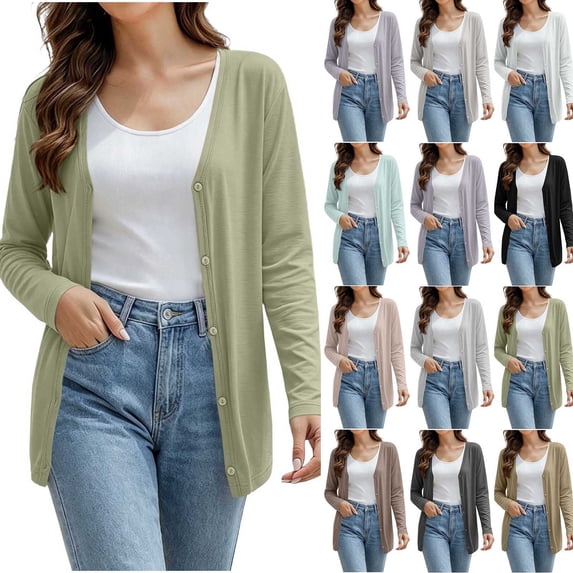 Stamzod Cardigan Sweaters for Women Long Sleeve Lightweight Cardigan Casual Comfy Open Front Button Up Tops Black M